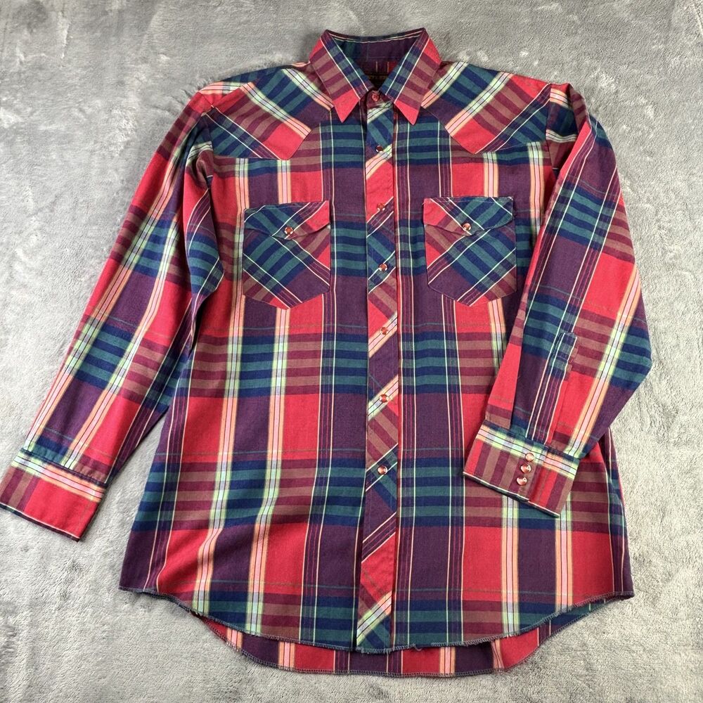 Rustler Shirt Mens Large 16 32/33‎ Red Blue Plaid Western Pearl Snap X-Longtails